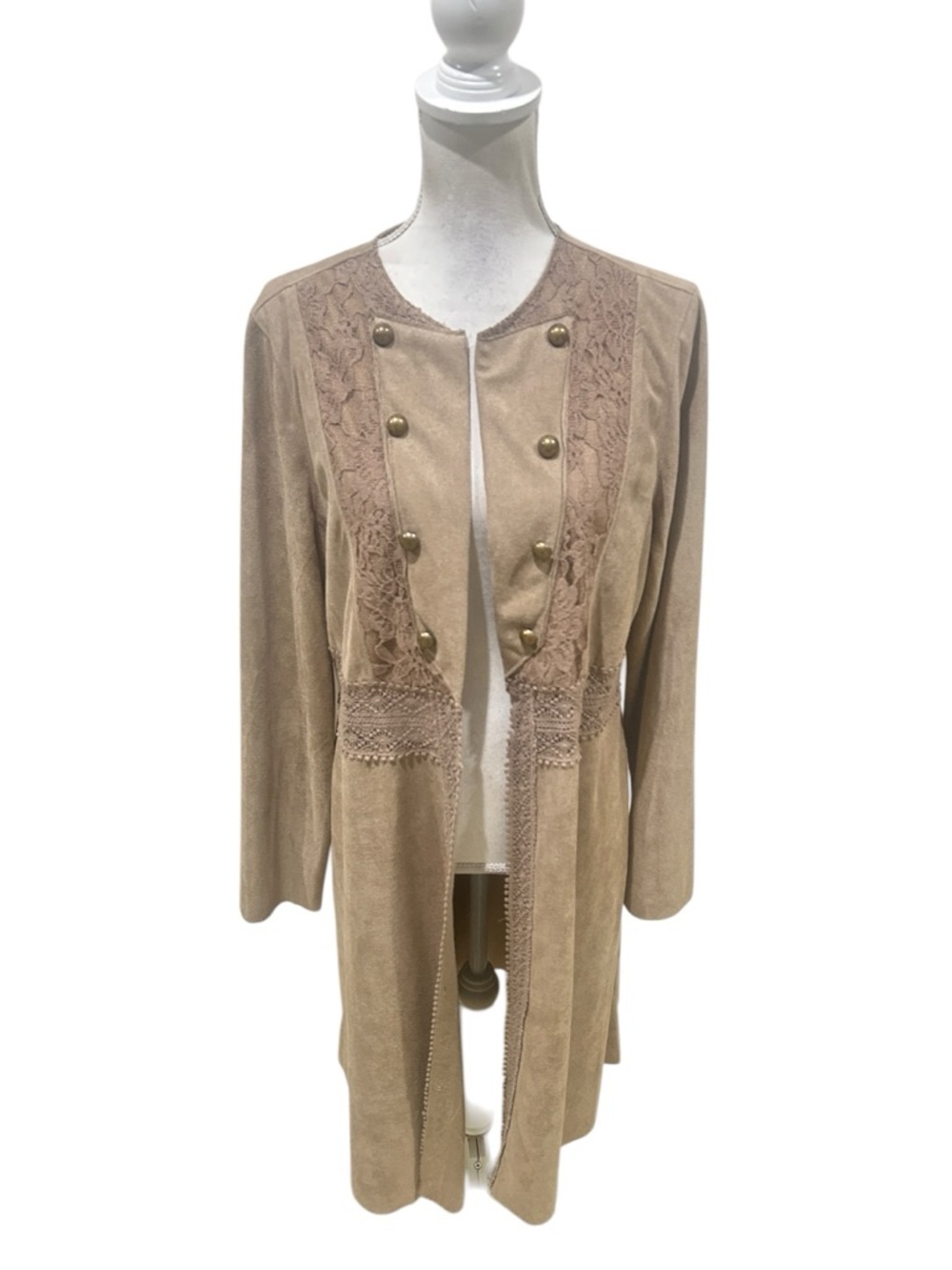 Nwot Vocal USA taupe Tan faux Suede Long duster Lace-Trim Military Button Jacket